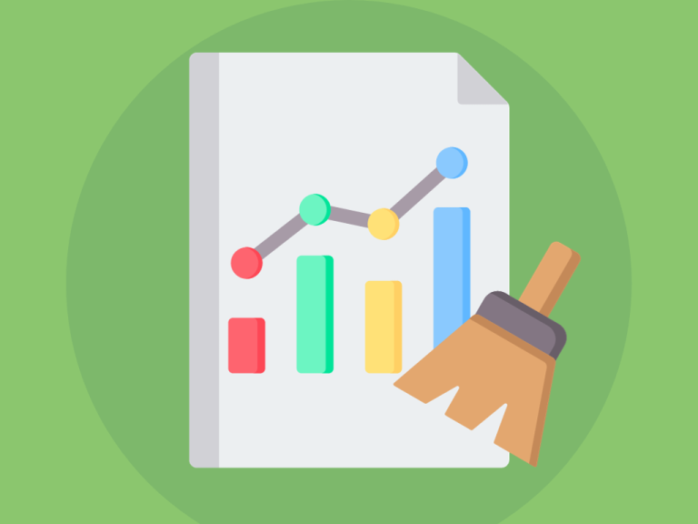 Data Cleaning in Excel: A Graphic showing a piece of paper with charts on it being swept by a small sweeping brush.