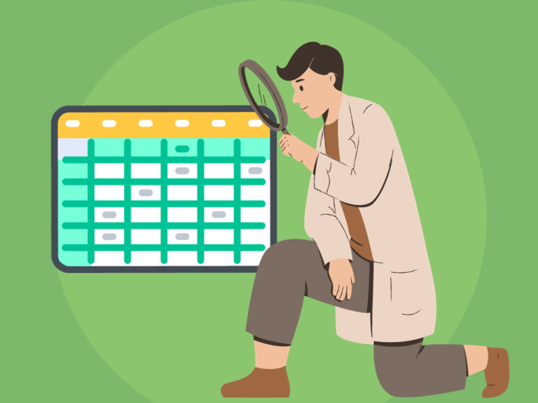 Comparing Excel's top lookup functions - A graphic of a man kneeling looking into a magnifying glass that overlooks a spreadsheet.