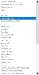 A screenshot showing the quick access toolbar's choose commands list.