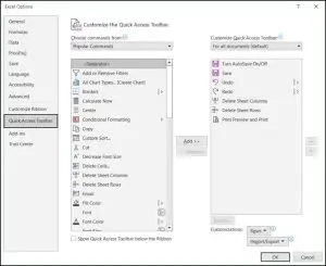 A screenshot of the Quick Access Toolbar's more commands window.