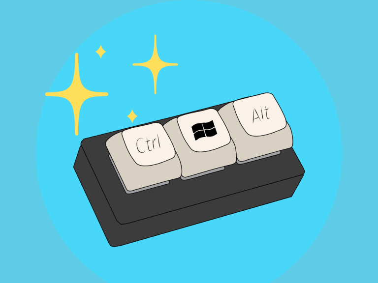 A graphic showing three keyboard keys: the ctrl key, the windows home key, and the alt key. Above the ctrl key are yellow stars, indicating it's magic potential.