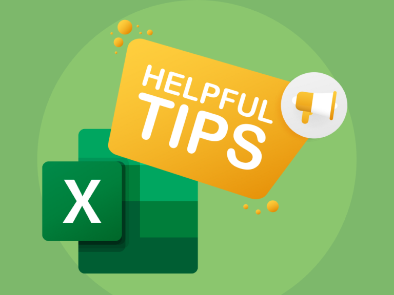 Excel Tips and Tricks: A graphic showing the Microsoft Excel logo on a two-tone green background. On top of the logo is an orange speech bubble that reads 'Helpful Tips' and features a small image of a megaphone.