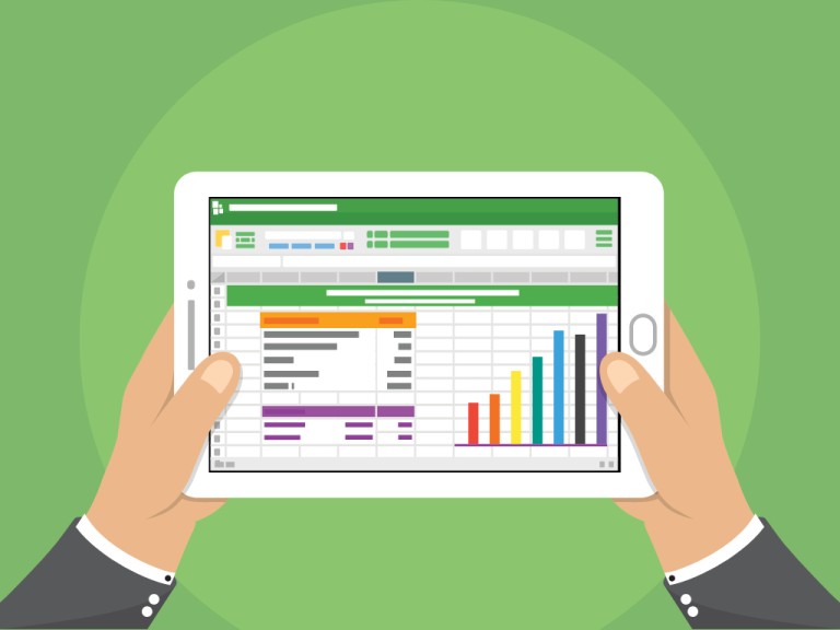 A graphic image should a pair of hands holdling a tablet device. On the screen of the tablet is an Excel cashflow forecast template.