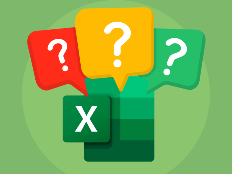 A green background. In the foreground is the Microsoft Excel logo, with three questions marks in red, orange and green speech bubbles hovering above. The image denotes the theme of the blog 'more common Excel questions'.