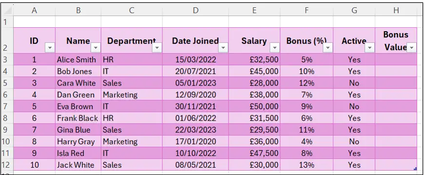 Excel Spreadsheets: Tables tutorial screenshot, step 4